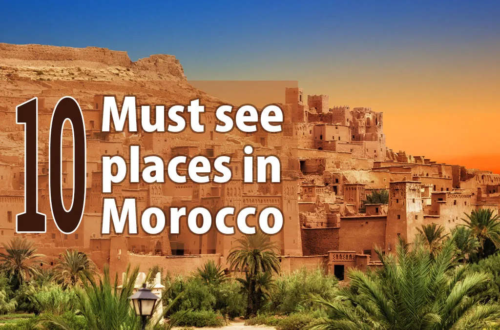 A collection of must-visit places in Morocco, showcasing stunning landscapes, historical sites, and vibrant cities like Marrakech and Fez.